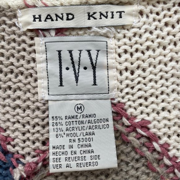 Last Chance Vintage IVY Sweater Button Down Hand Knit Country Design Medium Y2K - Picture 8 of 13